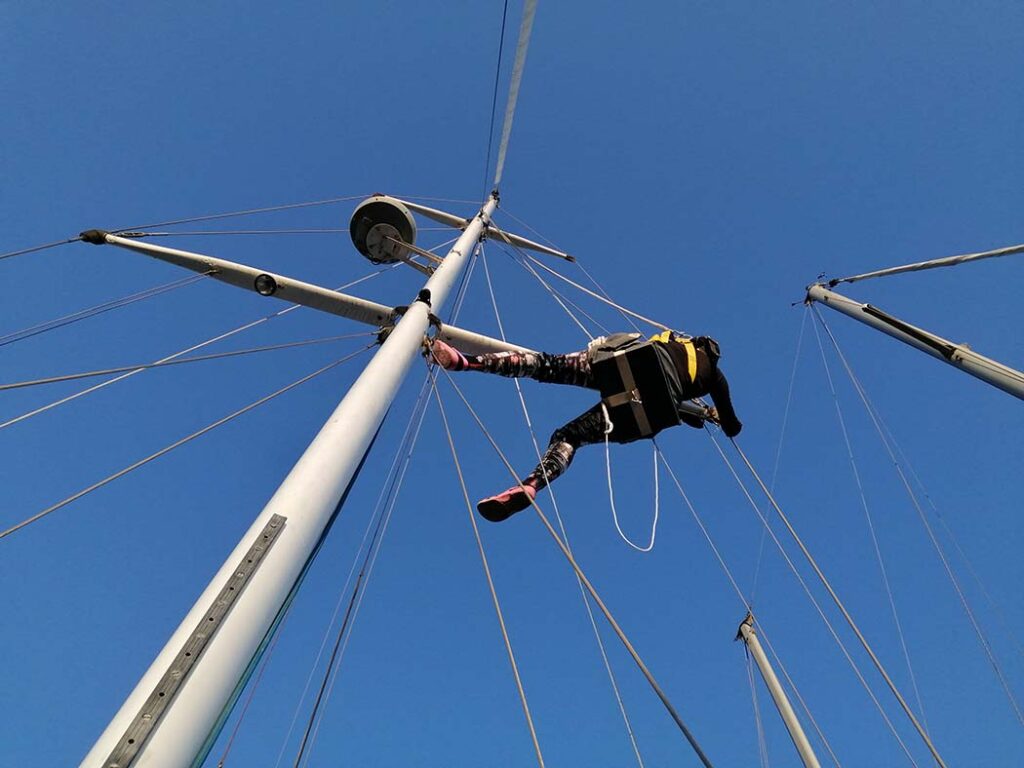 Pati working on the rigging
