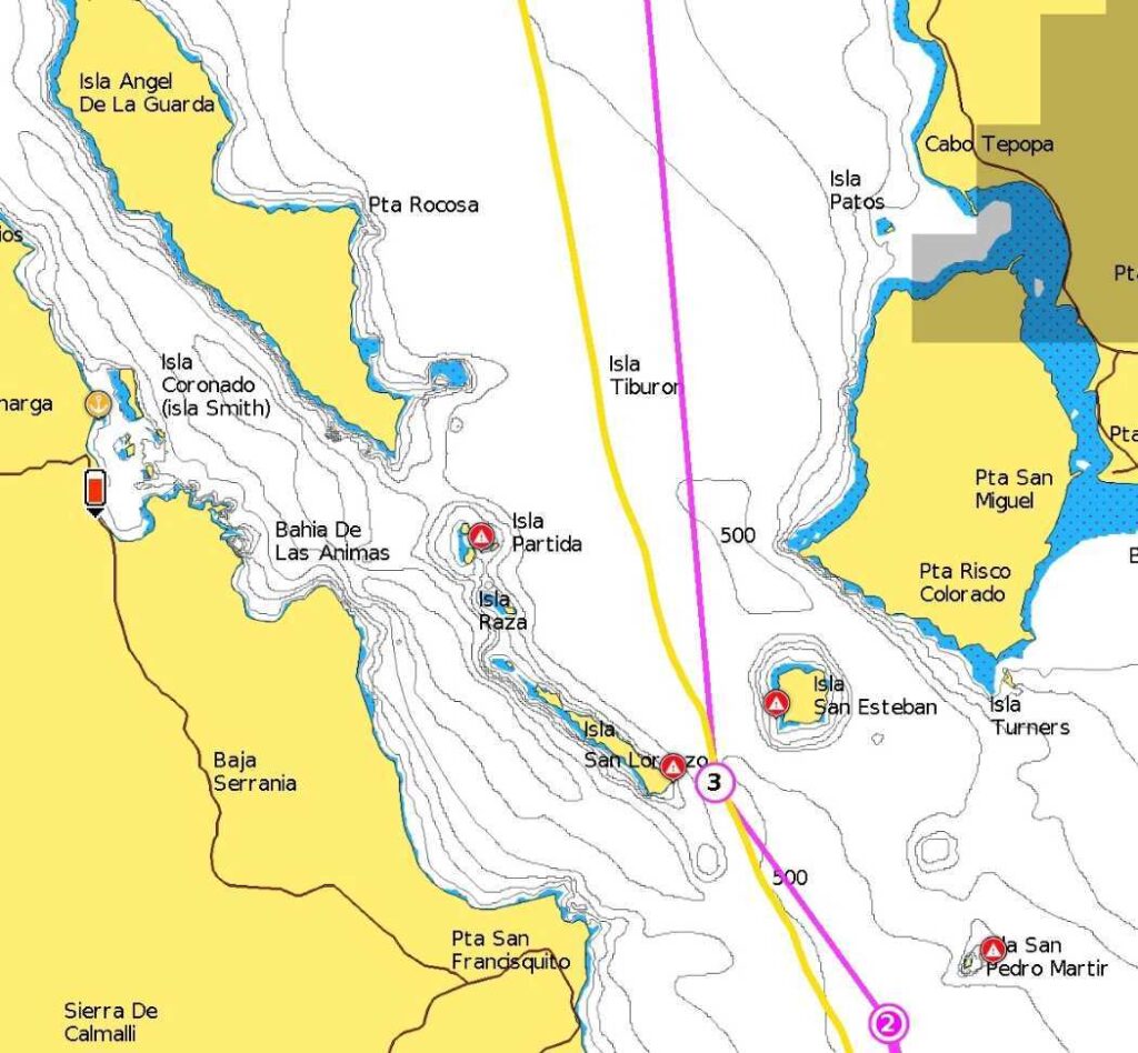Navionics zeigt unseren Track zwischen den Midriff Islands